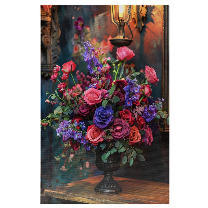 Tablou Canvas: Vaza Speciala Neagra cu Multi Trandafiri Colorati si Deosebiti care Inspira Eleganta Pictura Digitala 90x60CM