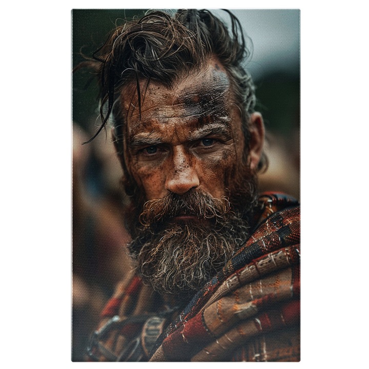 Tablou Canvas: Barbat cu Barba Sura si Privirea Indurerata si Chipul Murdar cu o Patura in Carouri Pictura Digitala 40x25CM
