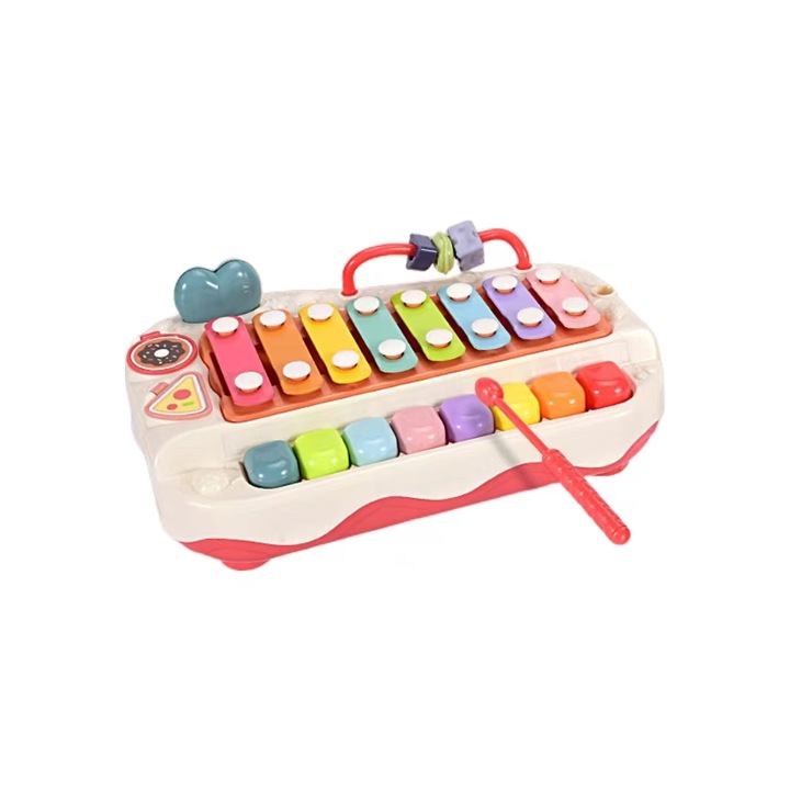Játékzongora gyerekeknek, 2 az 1-ben, gyöngyökkel és színfelismerővel, piros