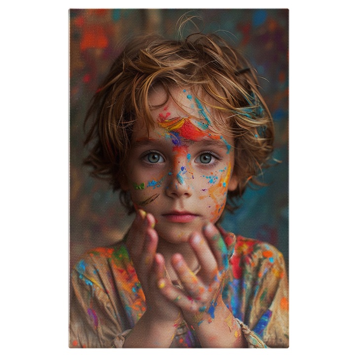 Tablou Canvas: Iubitor de Pictura Baietel cu Fata si Mainile Colorate in Camasa Pictata in Multe Culori Pictura Digitala 40x25CM
