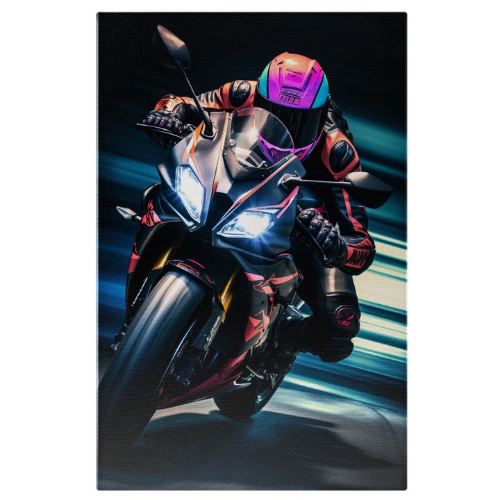 Tablou Canvas: Motociclist cu Casca Mov-Albastra pe Motocicleta Colorata cu Viteza Luminii pe Strada Pictura Digitala 40x25CM