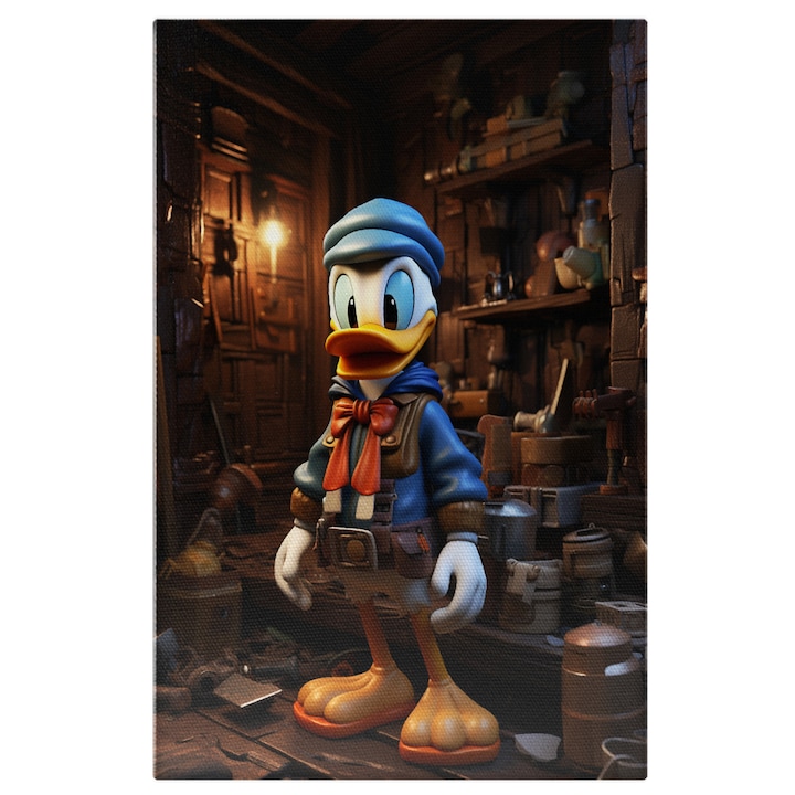 Tablou Canvas: Disney Donald Duck Ratusca in Garajul Bunicului cu Obiecte Vechi si Sapca Albastra Pictura Digitala 40x25CM