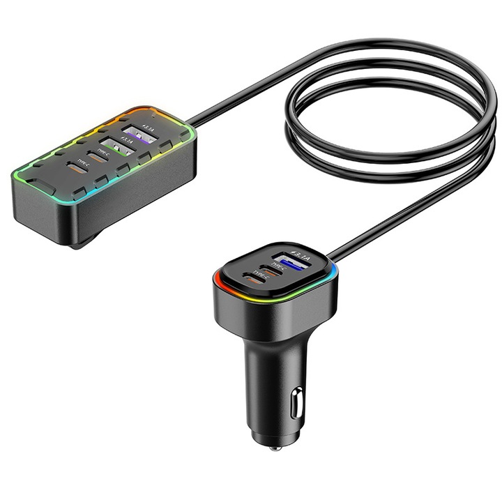 Univerzális autós töltő 7 porttal, színes környezeti világítással, 1,5 m-es hosszabbítókábellel, fekete