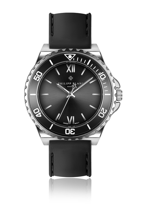 Philipp Blanc, Аналогов часовник с гумена каишка, Сребрист, Черен, Тъмносребрист