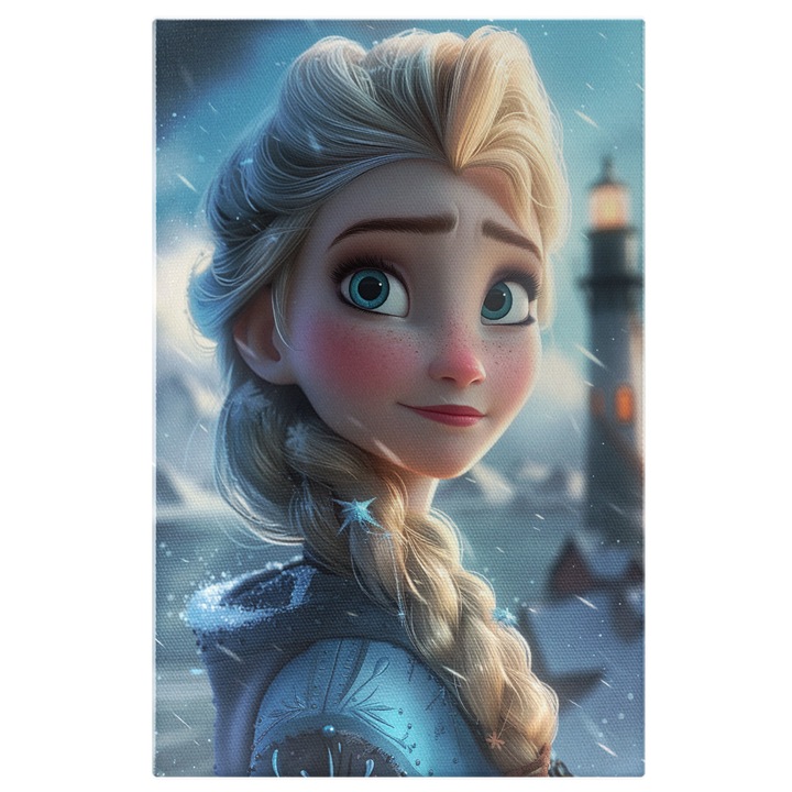 Tablou Canvas: Frozen Elsa cu Parul Lung Blond si Genele Lungi in Haine Groase Albastre si Ninsoare Pictura Digitala 90x60CM