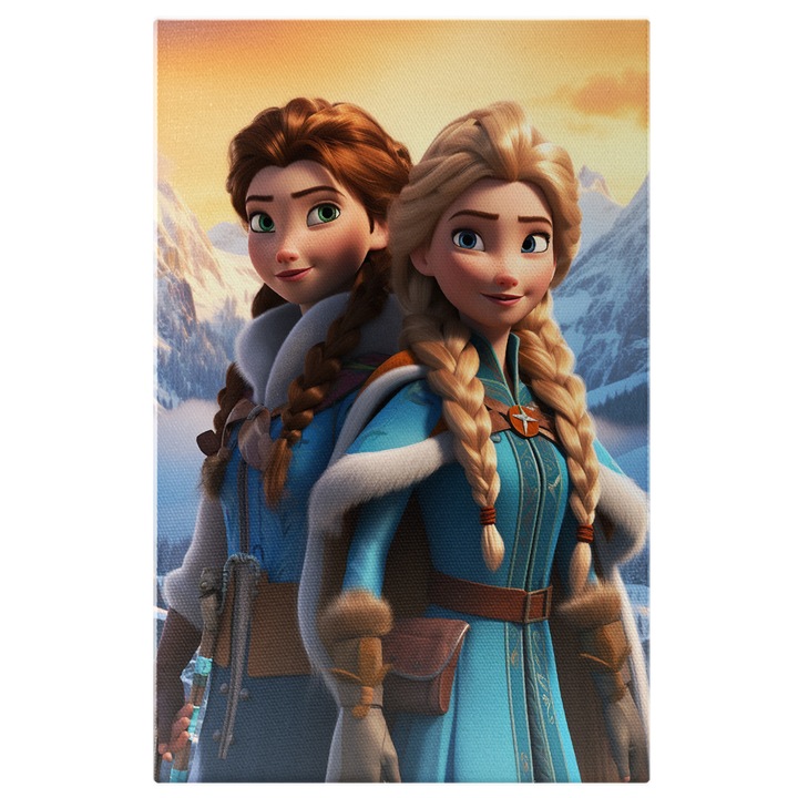 Tablou Canvas: Surorile Frozen Elsa si Ana Imbracate in Albastru cu Par Impletit in Rochii cu Manta Pictura Digitala 40x25CM