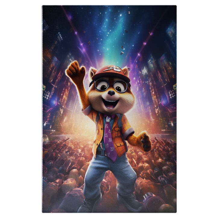 Tablou Canvas: Veverita Fericita cu Sapca si Ochelari de Vedere cu Cravata Mov in Lumina Reflectoarelor Pictura Digitala 40x25CM