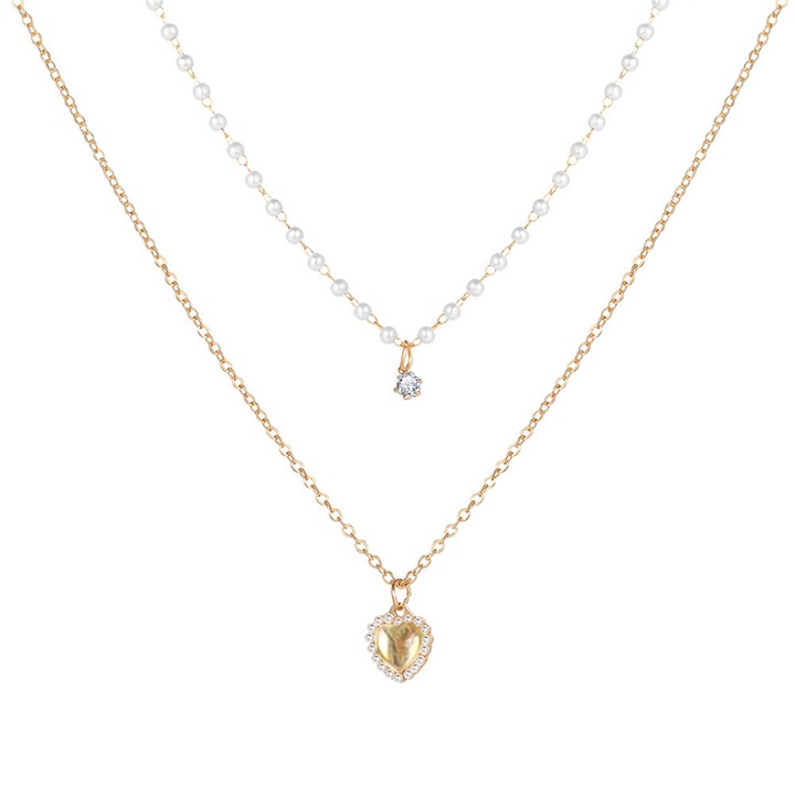 Двойно колие със сърце и перла, YISYNIM, титаниева стомана, Бял/Златист