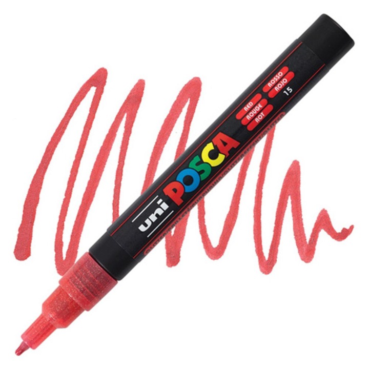 Marker UNI PC-3ML Posca 0.9-1.3 mm, cu sclipici, rosu, U.K, 98018 (bx6)x144x576