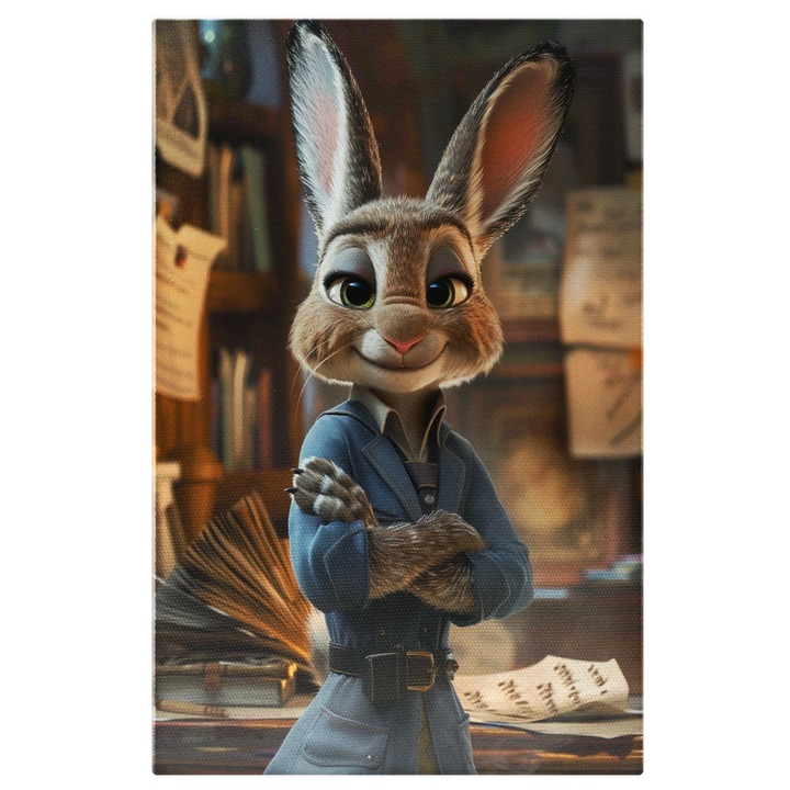 Tablou Canvas: Femela Iepure in Palton Albastru cu Urechile Lungi si Curea in Talie in Camera de Postere Pictura Digitala 100x70CM