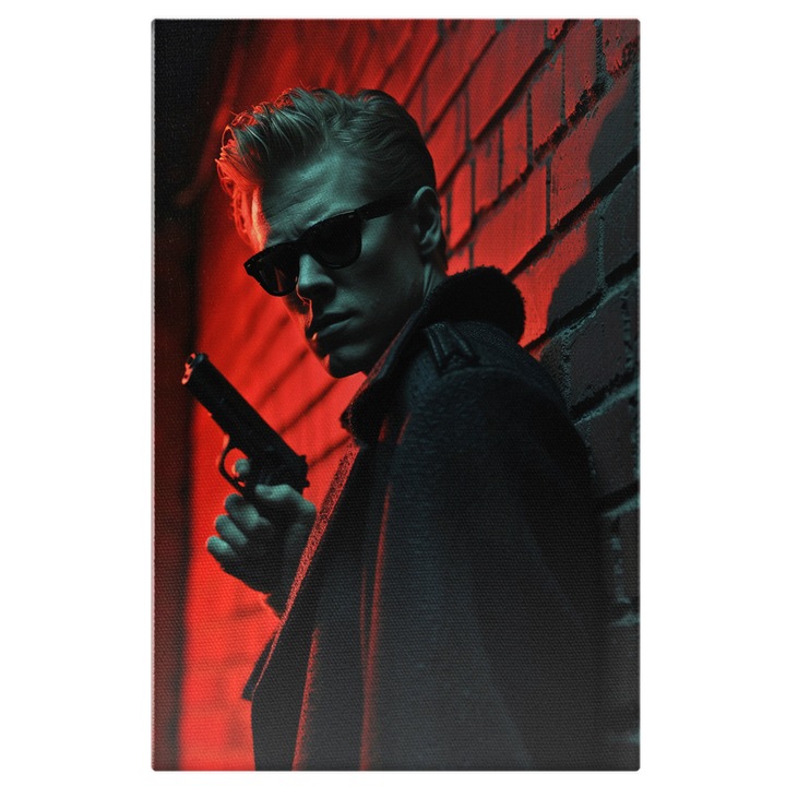 Картина на платно: Опасен мъж с пистолет в ръка, криещ се зад стена с очила и палто Дигитална картина 100x70CM