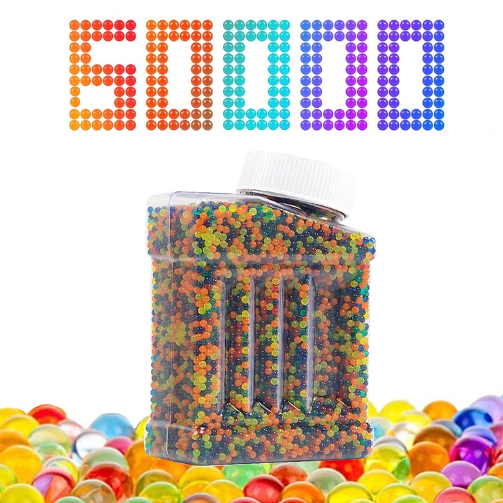 Set 60000 bile din gel pentru pistoale de jucarie, NUODWELL, Materialul este non-toxic si ecologic, Usor de depozitat si reutilizat, 7-8mm, 100% biodegradabil, Multicolor