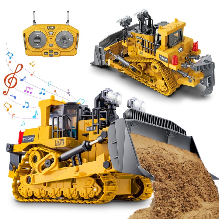 Buldozer de jucarie WALALLA, control remote 9 canale, scara 1:20, galben imperial, rotire 360°, Doua baterii de 1800 mAh, cu lumini si sunet