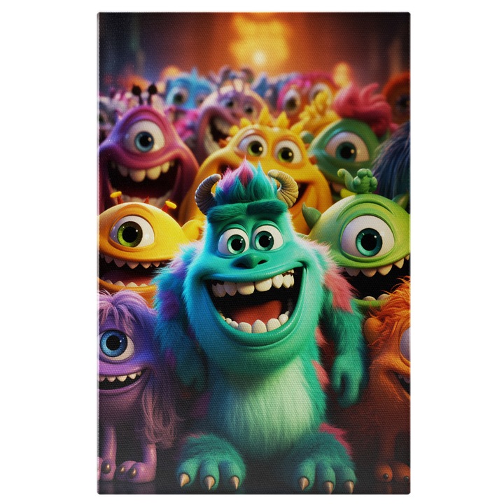 Tablou Canvas: Monster INC intr-o Fotografie Animata, Monstru Albastru Zambind la Camera - Personaje Pixar Pictura Digitala 40x25CM