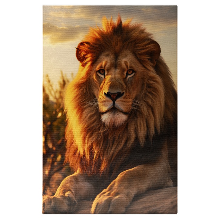 Tablou Canvas: Animal Leu in Savana Portret pe o Roca - Fotografie Artisticca si Animal Salbatic Pictura Digitala 40x25CM