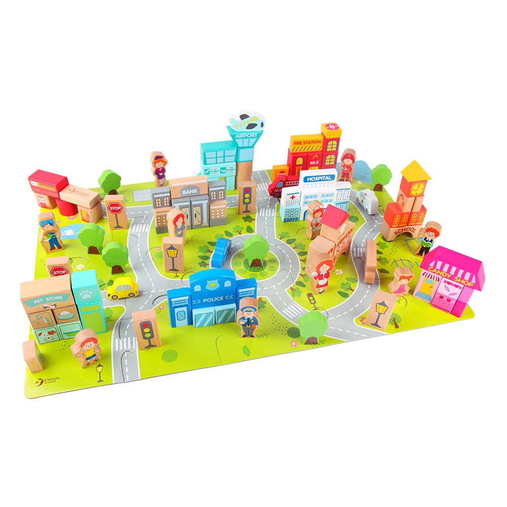 Set cuburi de constructie Mappy City Building, din lemn