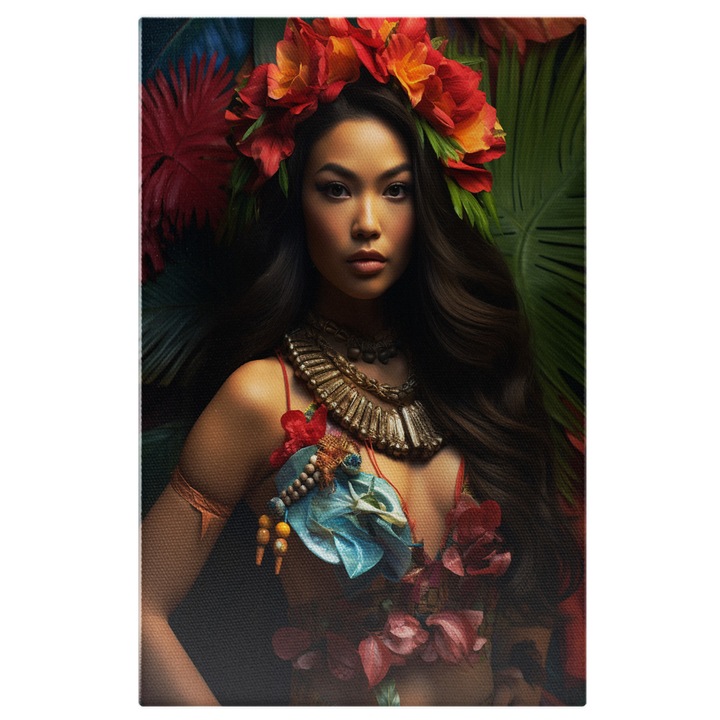 Картина на платно: Бразилска жена с корона от червени цветя - художествена фотография и стил на облекло Дигитална 60x40см