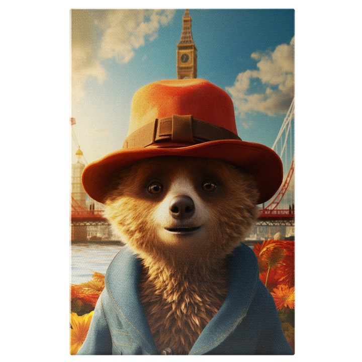 Tablou Canvas: Animatii- Portret Femela Urs cu Palarie Rosie-Fotografie Animata si Design Vestimentar Pictura Digitala 40x25CM