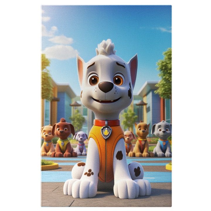 Tablou Canvas: Patrula de Catei Costumati si un Dalmatian in Prim-Plan- Fotografie Animata si Animale de Companie Pictura Digitala 60x40CM