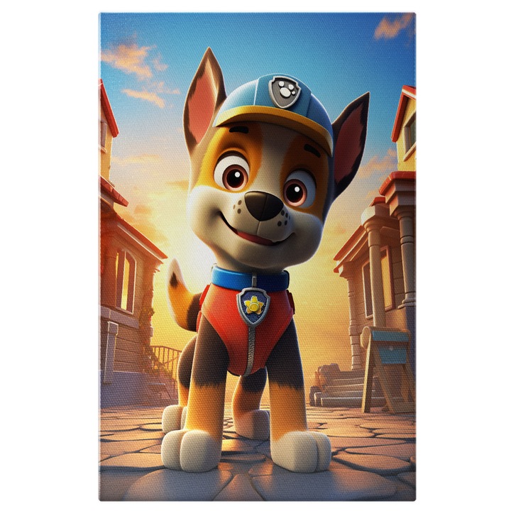 Tablou Canvas: Caine in Costum Rosu, Zambeste la Camera- Personaj Animat Pictura Digitala 40x25CM