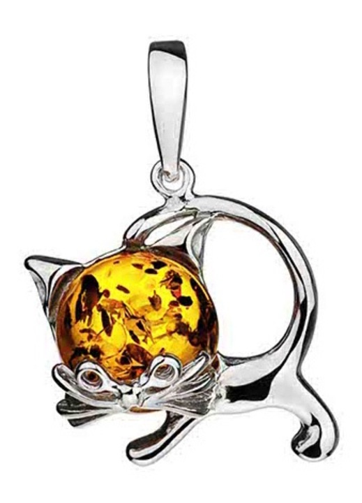 Pandantiv dama Siju, motan cu cap de chihlimbar, argint, Ag925