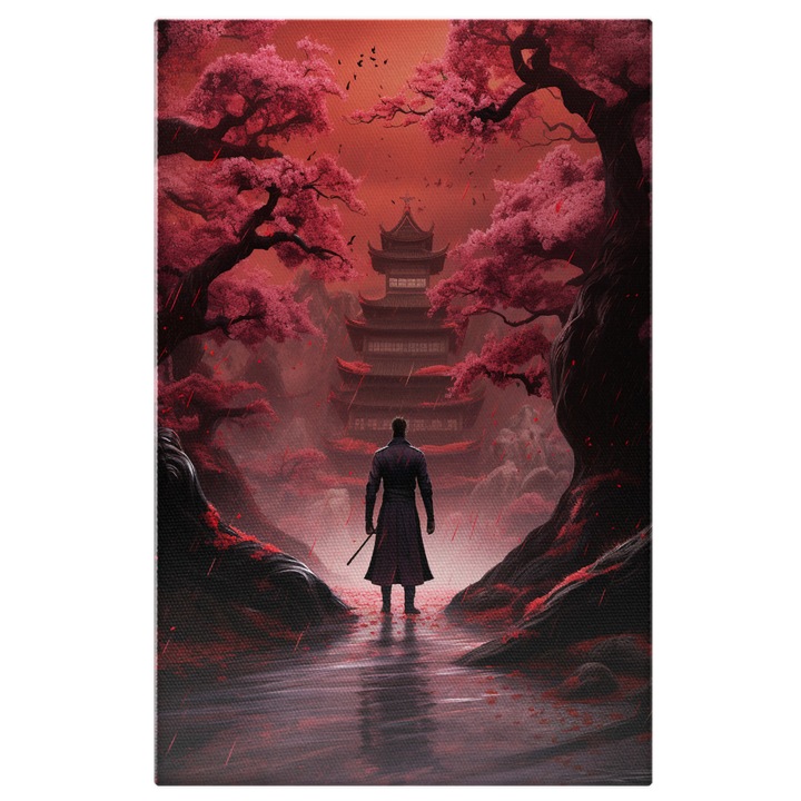 Tablou Canvas: Samurai cu Spatele la Camera si Fundal Roz- Cultura si Arta Pictura Digitala 70x50CM