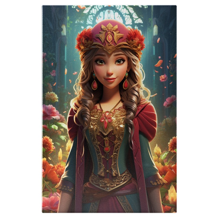 Tablou Canvas: Printesa Animata si Cadru cu Flori- Personaj pentru Copii Pictura Digitala 40x25CM