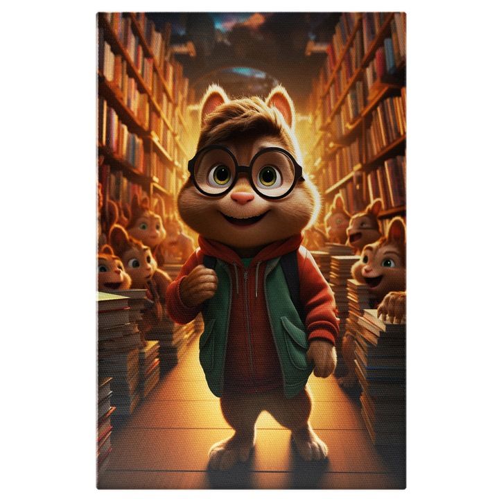 Tablou Canvas: Pufos cu Ochelari in Biblioteca- Desene Animate Pictura Digitala 60x40CM
