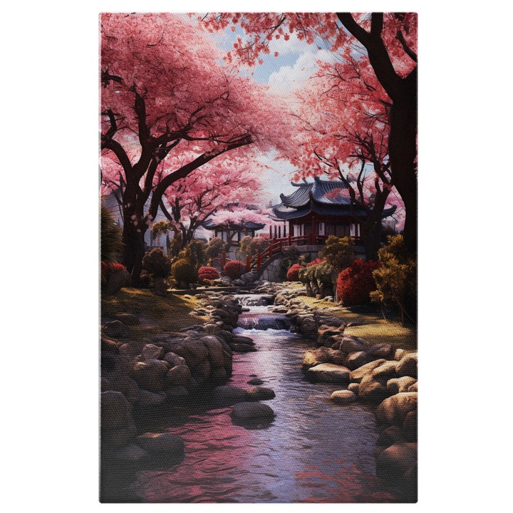 Tablou Canvas: Rau si Templu Japonez cu Copaci Roz- Cultura si Peisaje Pictura Digitala 60x40CM