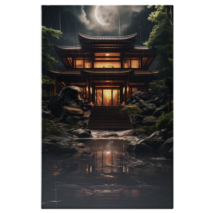 Tablou Canvas: Templu Japonez Luminat si Luna Plina- Cultura si Civilizatie Pictura Digitala 40x25CM