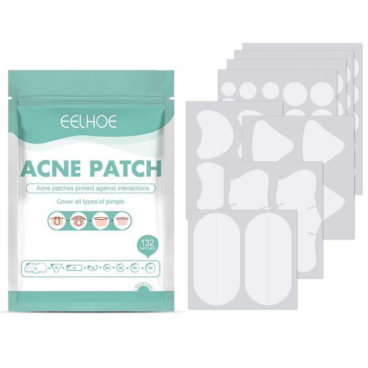 Plasturi translucizi anti acnee, Yingyun®, cu hidrocolid pentru tratamentul cosurilor de pe fata sau corp, Usureaza urmele de acnee, ingrediente naturale, 132 bucati