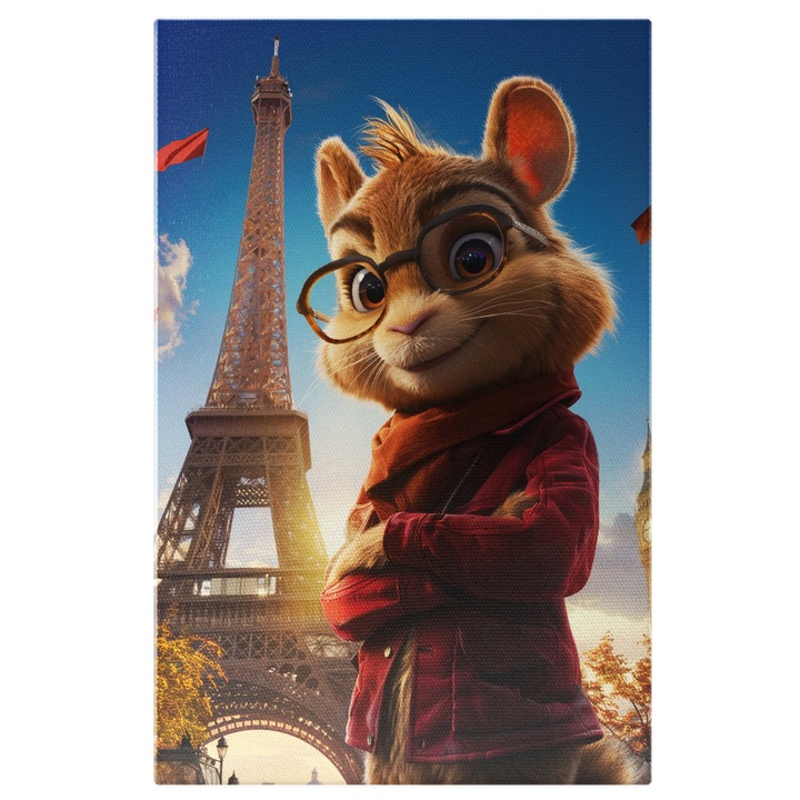 Картина на платно: Изображение на катерица с червено яке, очила и Айфеловата кула - художествена фотография и анимация Дигитална картина 70x50CM