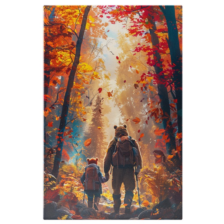 Картина на платно: Изображение на баща и син мечки през гората с раница зад гърба - художествена фотография и анимация Дигитална картина 100x70CM