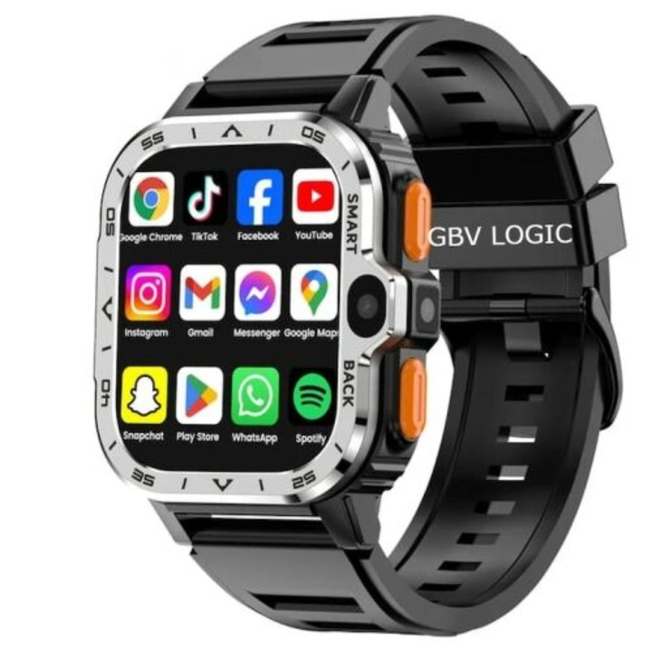 Ceas smartwatch GBV LOGIC, sistem de operare android, camera foto, display 2,03 inch(5,15 cm), baterie 800 mAh, bataile inimii, nivel oxigen, NFC, moduri sport, camera 2MP+8MP, tensiometru, memorie 16gb, monitorizare somn, gps