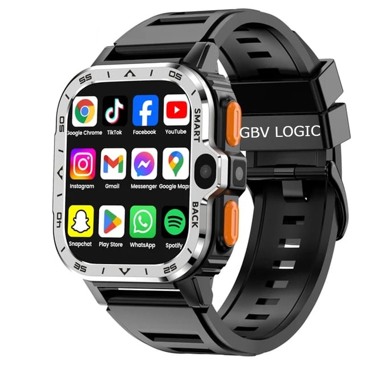Ceas smartwatch GBV LOGIC, sistem de operare android, camera foto, display 2, 03 inch(5, 15 cm), baterie 800 mAh, bataile inimii, nivel oxigen, NFC, moduri sport, camera 2MP+8MP, tensiometru, memorie 16gb, monitorizare somn, gps