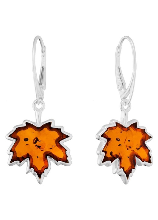 Cercei dama, Siju, Argint 925/Chihlimbar, Cu model Frunze de Artar, Argintiu/Maro