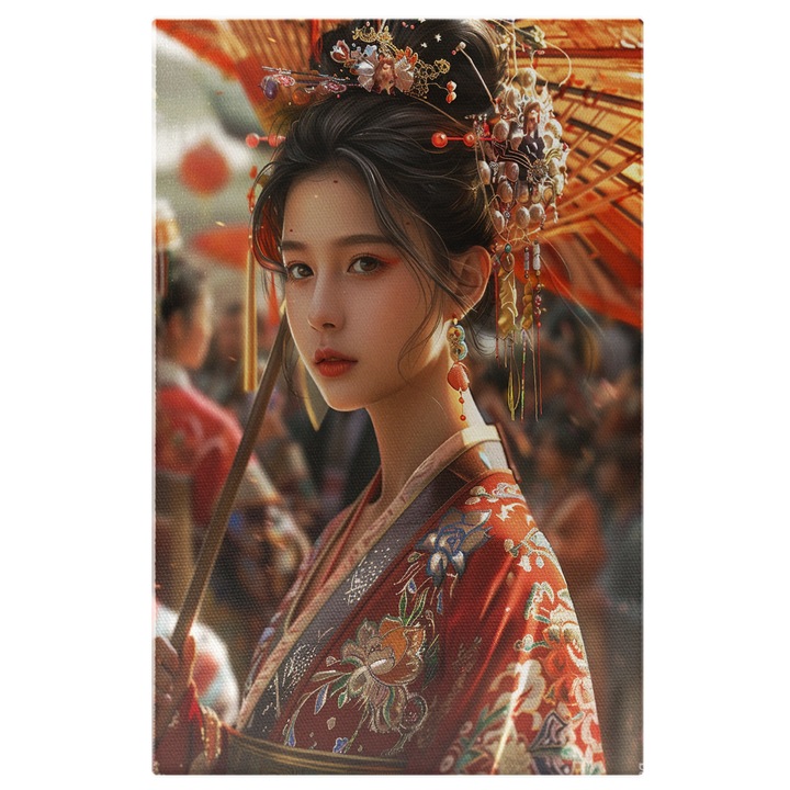 Tablou Canvas: Chinezoaica cu Accesorii in Par si Umbrela Eleganta de Soare cu Cercei si Rochie Traditionala Pictura Digitala 60x40CM