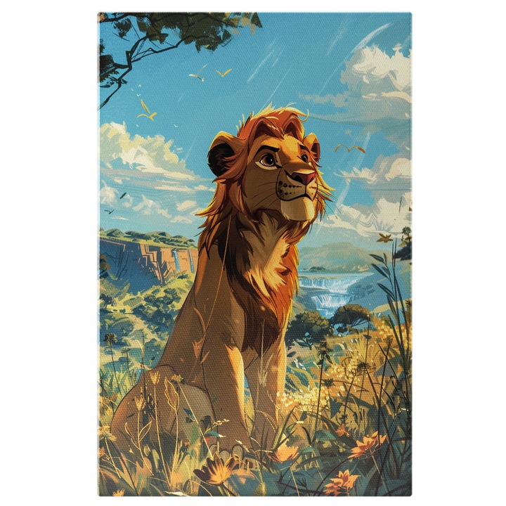 Tablou Canvas: Leu Cartoon Disney intr-un Camp cu Floricele in Jungla cu Coama Uimitoare Pictura Digitala 60x40CM