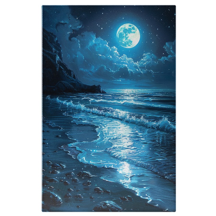 Tablou Canvas: Noaptea Albastra, Marea Involburata cu Valuri Mari si Luna Plina pe Cerul Instelat Pictura Digitala 70x50CM