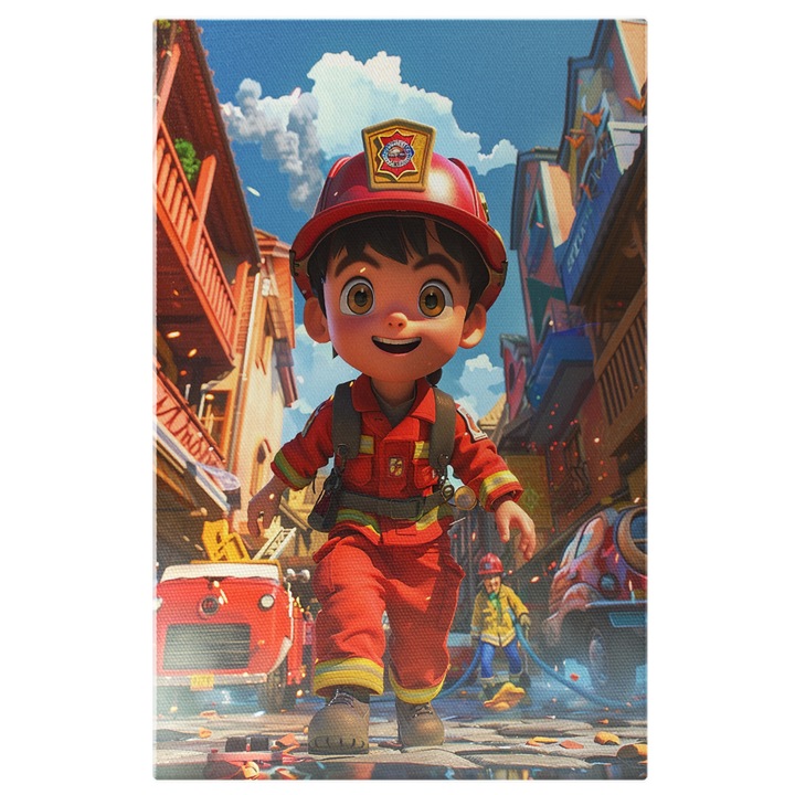 Tablou Canvas: Micul Pompier care se Joaca si Fuge pentru a Stinge Focul, Pompierul Meseria Favorita Pictura Digitala 60x40CM