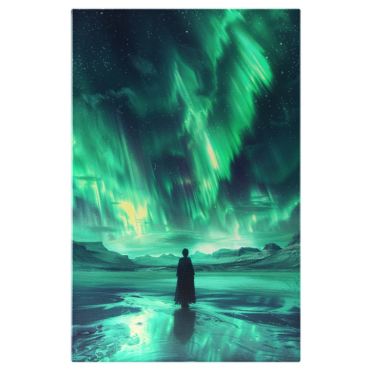 Tablou Canvas: Cerul Magic Verde-Albastru Privit de un Om, cu Mii de Stele si Culori Puternice Pictura Digitala 40x25CM