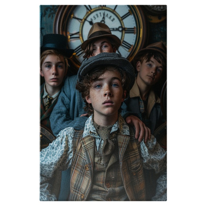 Tablou Canvas: Baieti Tineri cu Pistrui si Ochii Albastri Imbracati in Camasa cu Vesta si Cravata Pictura Digitala 40x25CM