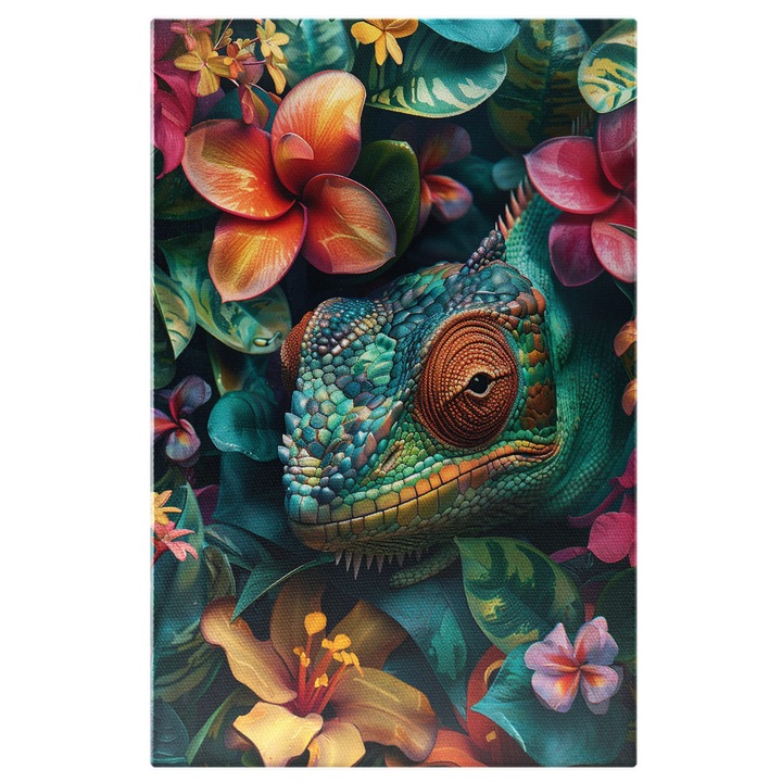 Tablou Canvas: Cameleon Camuflat printre Flori Reptila care isi Schima Culoarea in Functie de Mediu Pictura Digitala 70x50CM