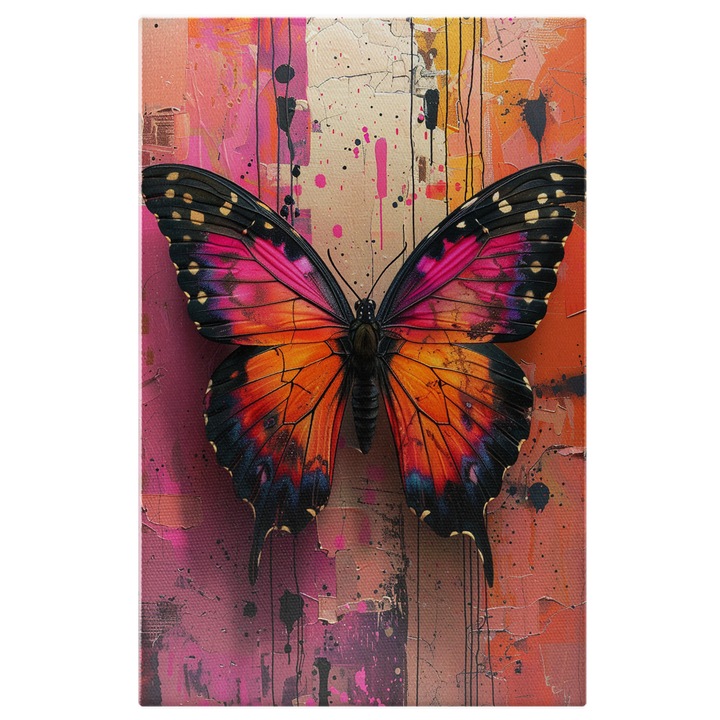 Tablou Canvas: Fluture Colorat Roz, Portocaliu si Mov cu Margini Negre Agatat de un Perete Pictat Pictura Digitala 60x40CM