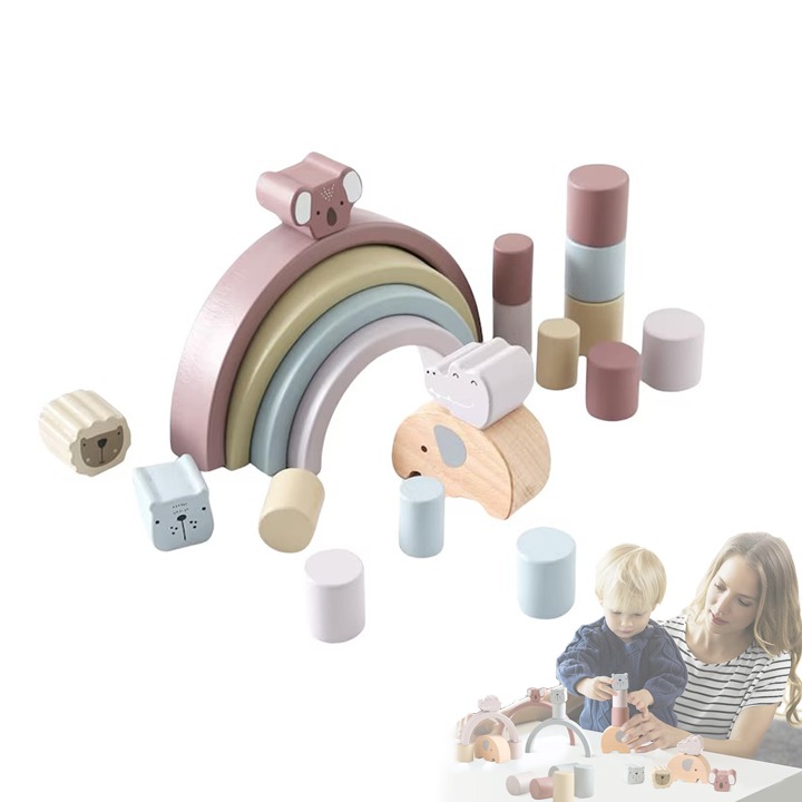 Jucarie Montessori pentru copii Balanta sau Turn Curcubeu din lemn in nuante pastel, bloc de constructii 3 in 1 cu animale, dezvoltarea abilitatilor motrice
