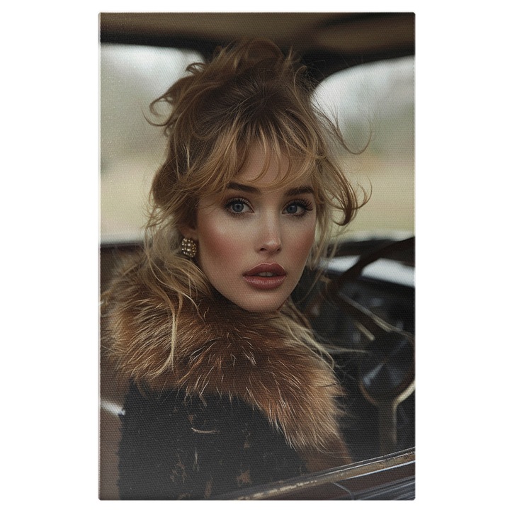 Картина на платно: Руса жена зад волана на ретро автомобил - Изследване на света на 4 колела Дигитална картина 100x70CM