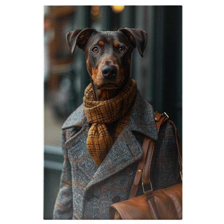 Vászonfestmény: Kifinomult ízlésű kutya portréja a ruhákban - Dog Fashion Icon Digitális festmény 40x25cm