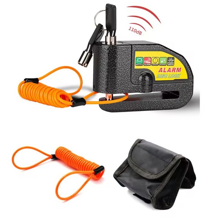 Blocare disc frana, Lacat antifurt pentru motociclete si biciclete cu alarma de 110 dB si Alarma sensibila la vibratii, Latauar, cablu de reamintire de 1.5 m, rezistent la apa, 8.7 × 6 × 3.5 cm, negru