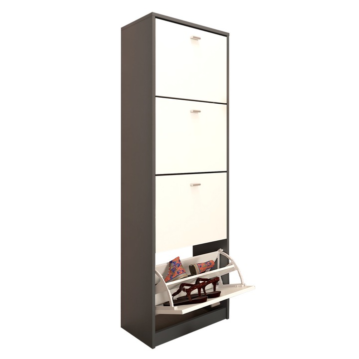 Pantofar DacEnergy©, fabricat din Pal melaminat, 4 compartimente, design simplu, 50 x 28 x 152 cm, grafit si alb
