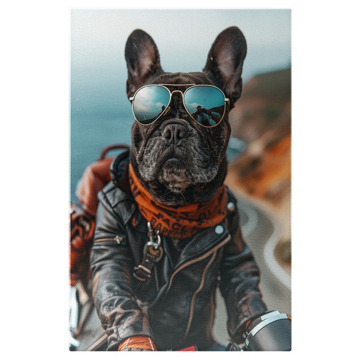Tablou Canvas: Bulldog cool pe motocicleta cu ochelari de soare - Adrenalina pe doua roti Pictura Digitala 40x25CM